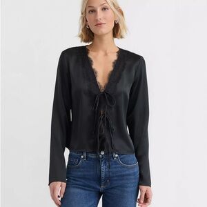 NWT-Lace Trim Satin Bow Blouse
